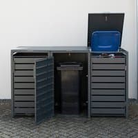 Anthracite metal wheelie bin store with three compartments, hinged lids, and front doors, fits 240L bins.