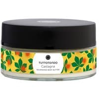 Tuttotondo Castagna Nourishing Body Butter in a clear jar with black lid and yellow label featuring green leaves and chestnuts.