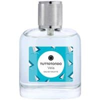 Clear glass bottle with silver cap, blue label featuring sailboats, Tuttotondo Vela Eau de Toilette for men.
