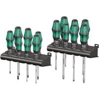 Wera 14-piece screwdriver set with green and black ergonomic handles, mounted on black storage racks.