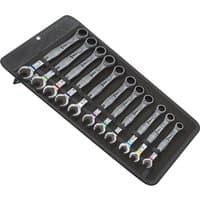Wera Joker Combi Ratchet Spanner Set, 11-piece, silver with color-coded sizes in black roll-up pouch.