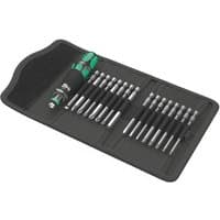 Wera Kraftform Kompakt 60 set with green and black handle, multiple screwdriver blades in a black folding case.