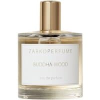 Clear glass bottle of Zarkoperfume Buddha Wood Eau de Parfum, gold cap, white label, unisex woody fragrance, 100 ml.