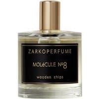 Clear glass bottle with gold cap, black label reading "MOLeCULE NO8," containing unisex fruity perfume by Zarkoperfume.