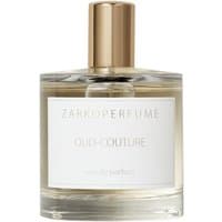 Clear glass bottle with gold cap, white label reads "Zarkoperfume Oud Couture Eau de Parfum 100 ml" unisex woody scent.
