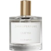 Clear glass bottle of Zarkoperfume OUD'ISH Eau de Parfum, gold cap, white label, unisex woody fragrance, 100 ml.