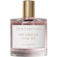 Clear glass bottle with pink liquid, gold cap, and white label reading "Zarkoperfume PINK MOLeCULE 090.09 Eau de Parfum."