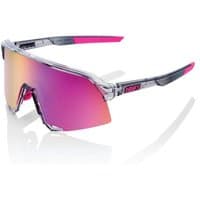 Sporty sunglasses with purple multilayer mirror lens, grey frame, pink accents, and angular design.