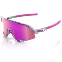 Polished translucent grey sunglasses with purple multilayer mirror lens and sleek wraparound design.