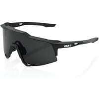 Black 100% Speedcraft sunglasses with smoke lens, angular frame, and soft tact finish.