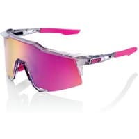 100% Speedcraft sunglasses with purple multilayer mirror lens, grey frame, pink accents, and angular design.