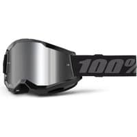 Black 100% Strata 2 goggles with mirror silver lens, black strap featuring bold "100%" logo in silver.