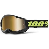 Black and gold 100% Strata 2 goggles with mirror true gold lens and yellow "100%" logo on strap.