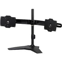 Black dual monitor desk mount with adjustable arms and sturdy base for 32-inch screens.