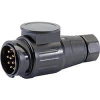 Black Draper 12V 13-Pin Euro Twin Inlet Towing Plug with cylindrical body and multiple gold connectors.