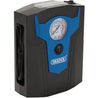 Black and blue Draper 12V analogue tyre inflator with pressure gauge and integrated power cord storage.