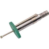 Draper Expert Tyre Tread Depth Gauge, silver with green base and measurement markings on the cylindrical body.