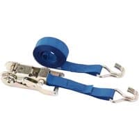 Blue Draper ratcheting tie down strap, 3m x 25mm, with metal hooks and ratchet mechanism, 250kg capacity.