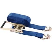 Blue Draper ratcheting tie down strap, 8m x 50mm, with metal ratchet and hooks, 1700kg capacity.