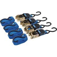Draper ratcheting tie down straps, 4.5m x 25mm, blue with black hooks, set of four, 225kg capacity.