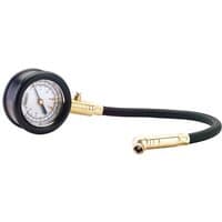 Draper tyre pressure gauge with black flexible hose, round dial, and brass fittings.