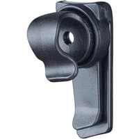 Black Evoc hydration bladder magnetic tube clip with curved design and central hole for secure attachment.