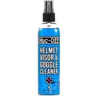 Blue Muc-Off Helmet and Visor Cleaner bottle, 250ml, with black spray nozzle and bold white text.