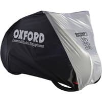 Black and silver Oxford CC102 Aquatex Triple Bicycle Cover with logo and bike graphic, fits three bikes.