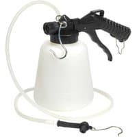 Sealey 1ltr brake and clutch bleeder, white container with black handle, clear hose, and metal hook.