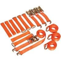 Orange Sealey ratchet tie down kit, 4 pieces, 50mm x 3m, includes metal hooks and buckles for car transport.