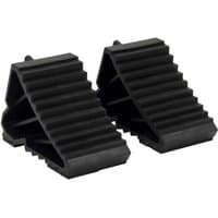 Black Sealey composite wheel chocks, ribbed surface, triangular shape, lightweight 0.3kg, sold as a pair.