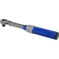 Sealey torque wrench with blue handle, silver micrometer scale, and 3/8 inch square drive, 5-25Nm range.