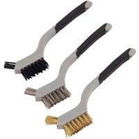 Sealey 3-piece miniature wire brush set with black, silver, and brass bristles and ergonomic black and gray handles.