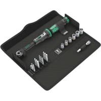 Wera Click-Torque Wrench A6 Set, 20 pieces, includes green and black torque wrench, sockets, and bits in a black case.