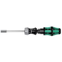 Black and green Wera ratchet screwdriver with ergonomic handle and interchangeable bits in silver shaft.
